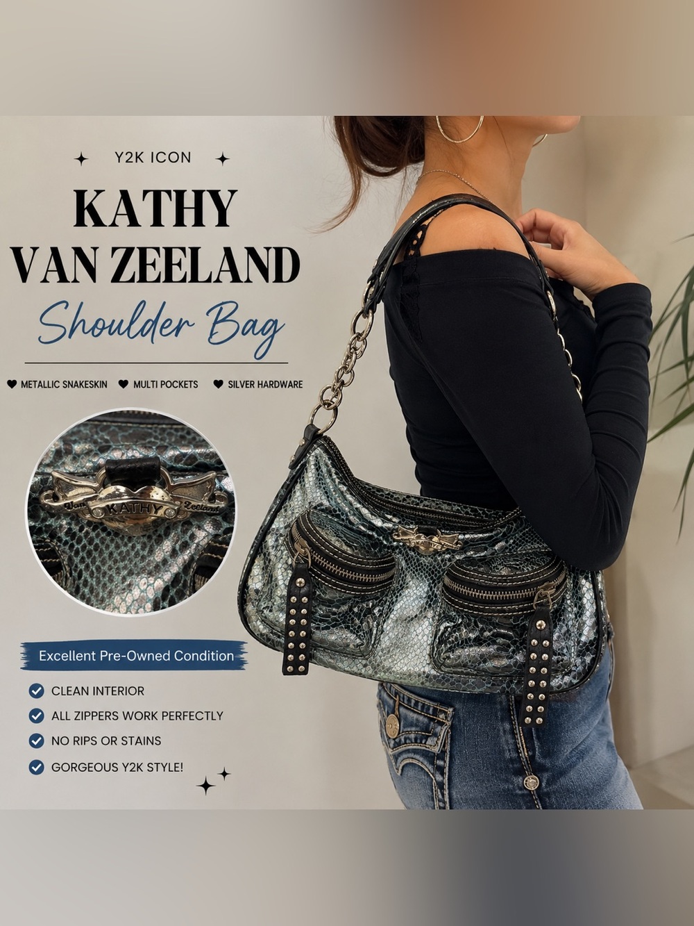 ✨ Kathy Van Zeeland Y2K Metallic Snakeskin Shoulder Bag ✨